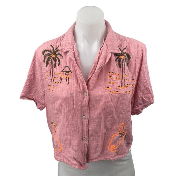 Urban Outfitters Sunshine Bowie Holiday Pink Embroidered Crop Shirt Top Size S - Picture 2 of 5
